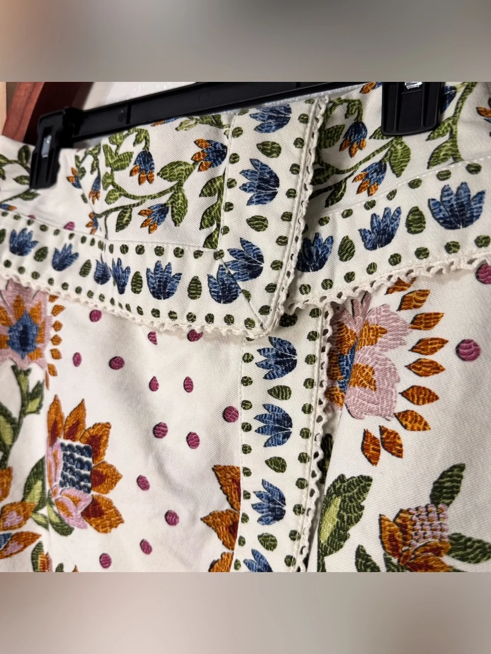 Farm Rio Wrap effect floral print cotton mini skirt lace trim